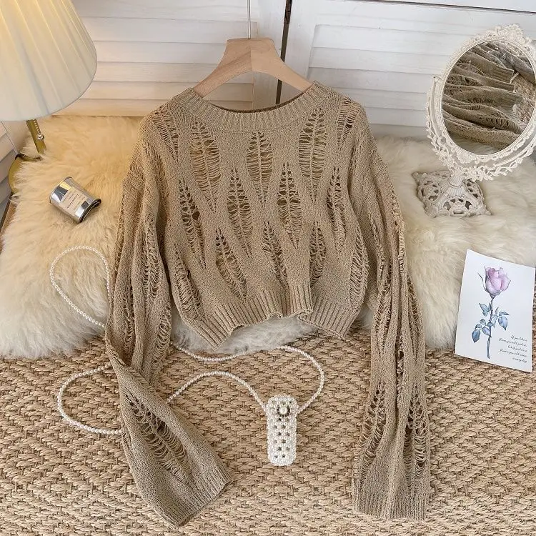 Свободный короткий свитер с вырезами вязаная Солнцезащитная рубашка джемпер