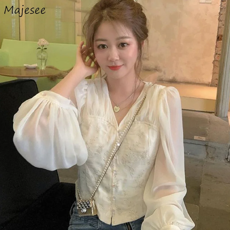 

Shirts Women Elegant Popular Fashion All-match New Arrival Hot Sale Summer College Ins Young Ladies Street Wear Lantern Sleeve