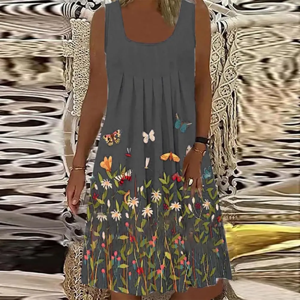

Loose Floral Print Women Dress Summer Round Neck Sleeveless Dress for Beach