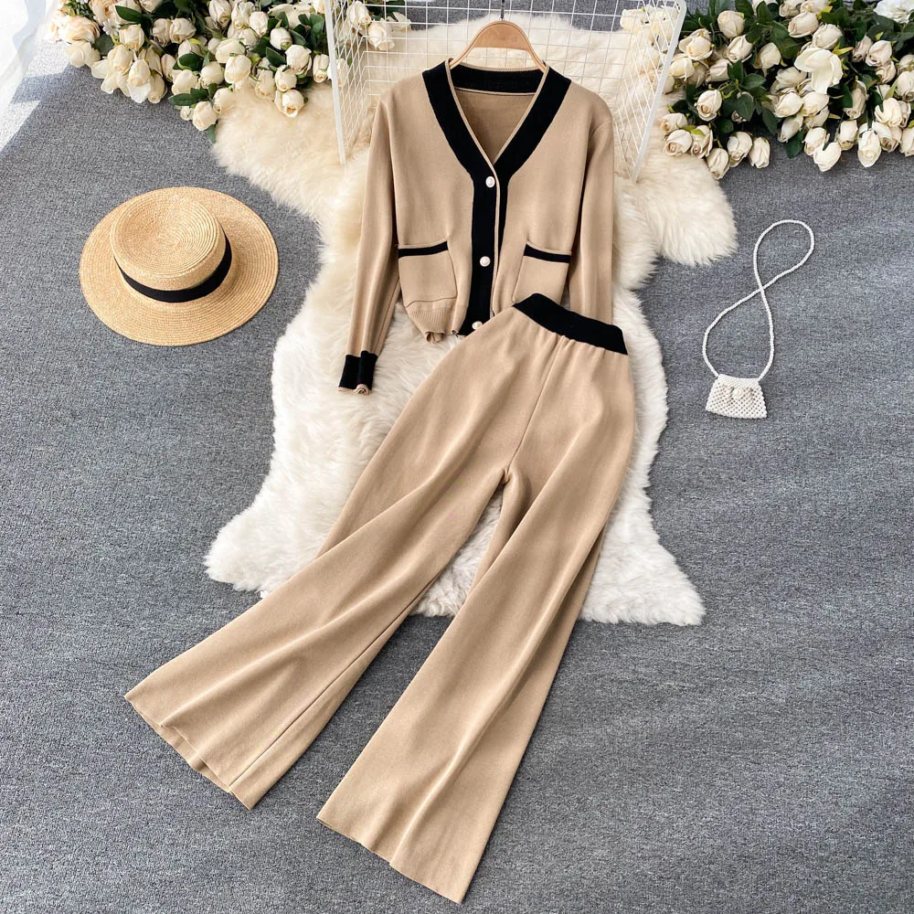 

2022 New Spring Knitting Set Women Long Sleeve Casual Short Cardigan+High Waist Wide Leg Long Pants Two Piece Suits Mujer