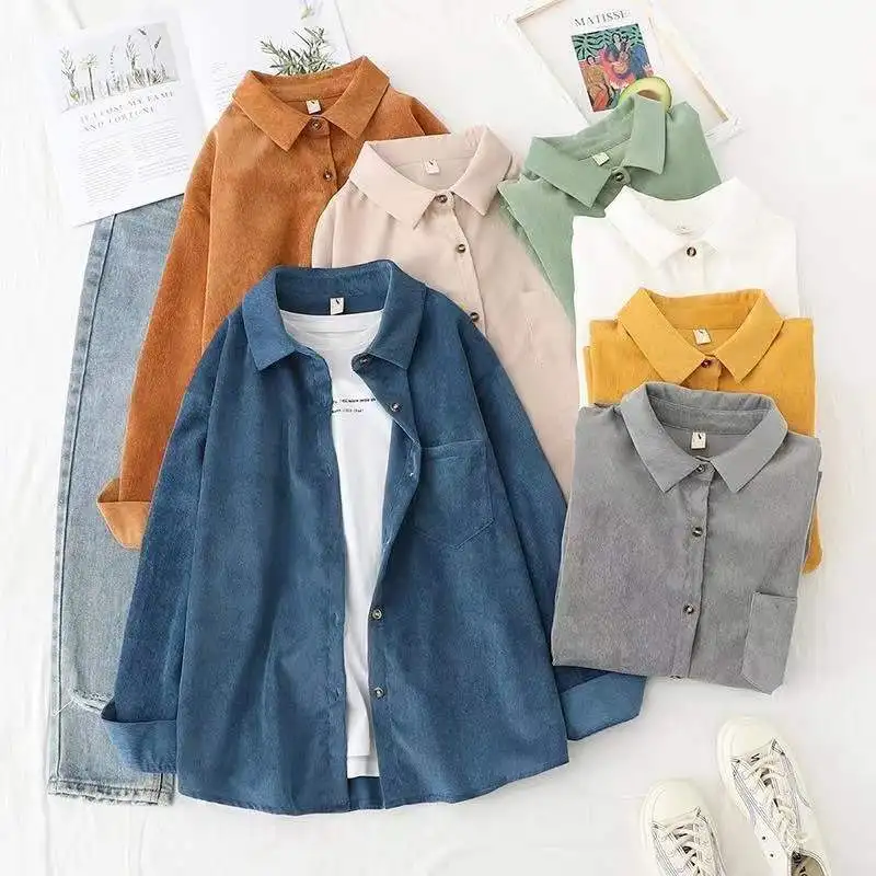 

Casual Button Up Down Loose White Corduroy Shirt Autumn Fashion Long Sleeve Clothing Vintage Tunic Womens Tops and Blouses 23976