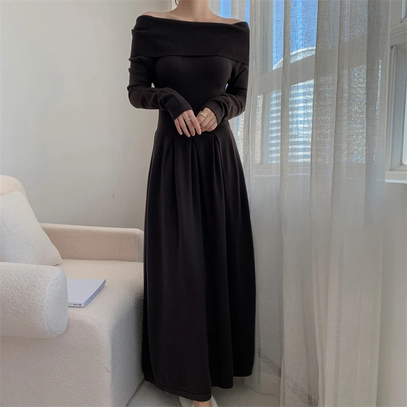 

Limiguyue Slash Neck Long Dress Women French Off Shoulder Knitted Dress Autumn Elegant Slim High Waist Long Sleeve Party Dresses