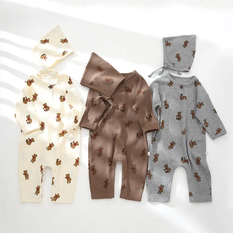 

Infant Clothing for Boy Girl Rompers With Hat Spring 2022 Baby Onesies Newborn Cute Bear Waffle Cardigan Jumpsuits Suit Overalls