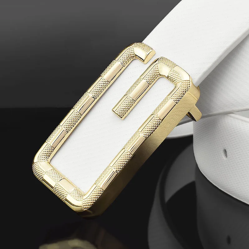 Young Men Belt Trend Men's White G Letter Belt Genuine Leather Smooth Buckle Casual Versatile High Quality Belt Ceinture Homme