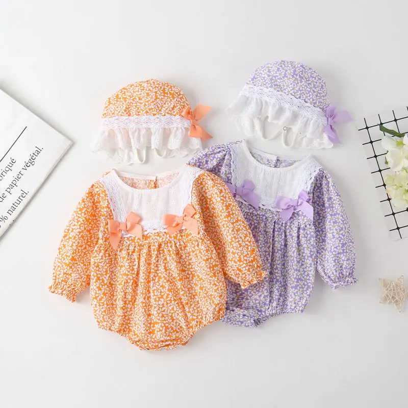 

Cute Newborn Baby Girl Clothes Infant One-piece Suit 2 Pcs Floral Print Lace Bow Long Sleeve Baby Rompers+hat Baby Clothes 0-18M