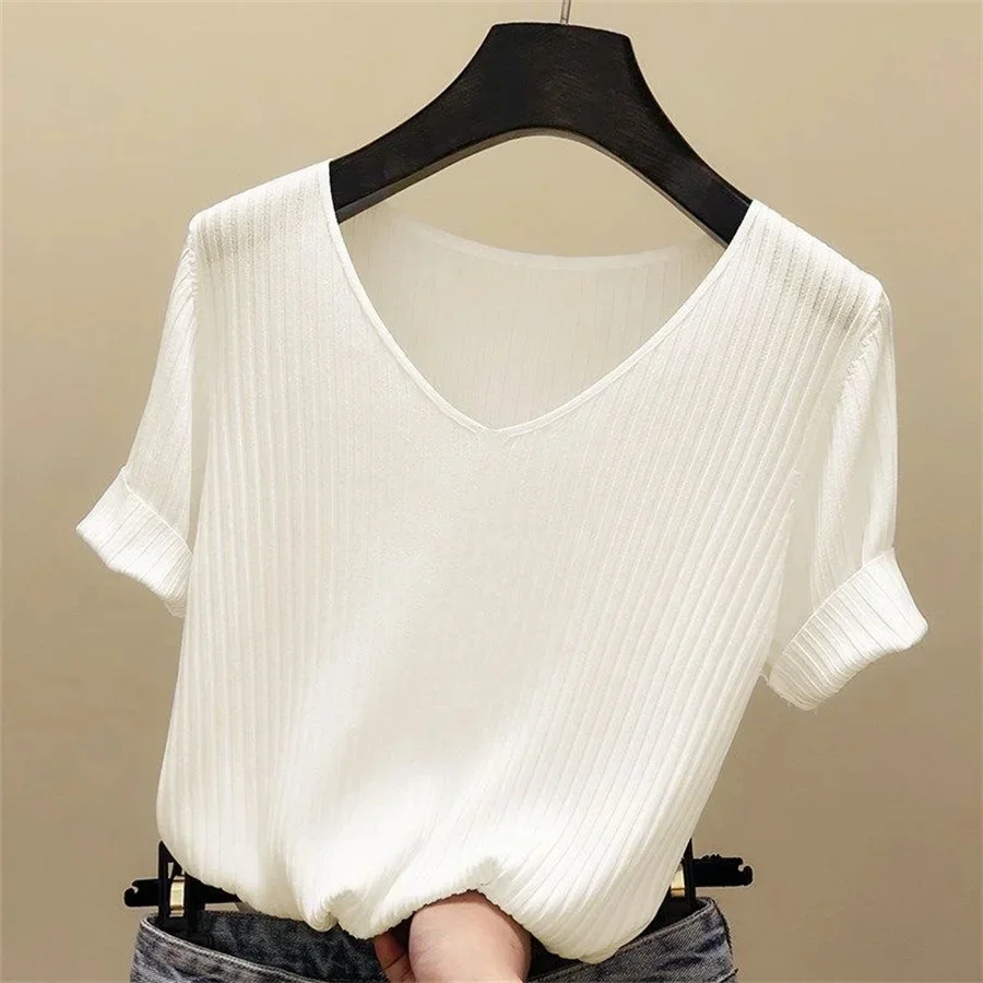 Фото Красивая блузка женская Blusas Mujer De Moda Verano блузка с коротким рукавом с v-образным вырезом вязаная блузка рубашка топы женские Blusas №2