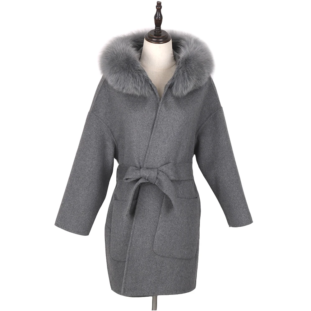 Winter Women Real Fox Fur Coat Cashmere Double Faced Wool Jacket Fashion Outerwear Ladies Oversized Hooded Coats Streetwear