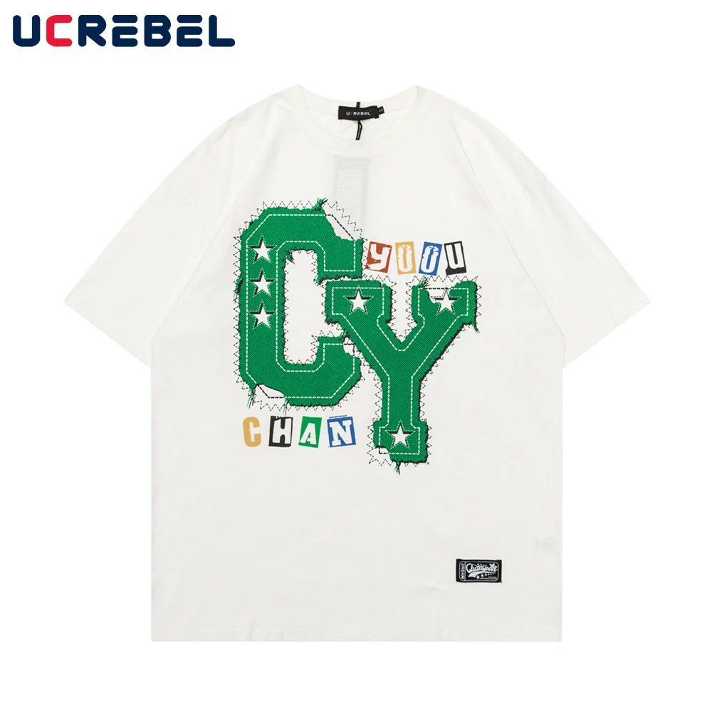 

Letter Print Short Sleeve T-shirt Mens Summer Punk Style Loose Half-Sleeve Streetwear Casual Crew Neck Cotton Tee Men