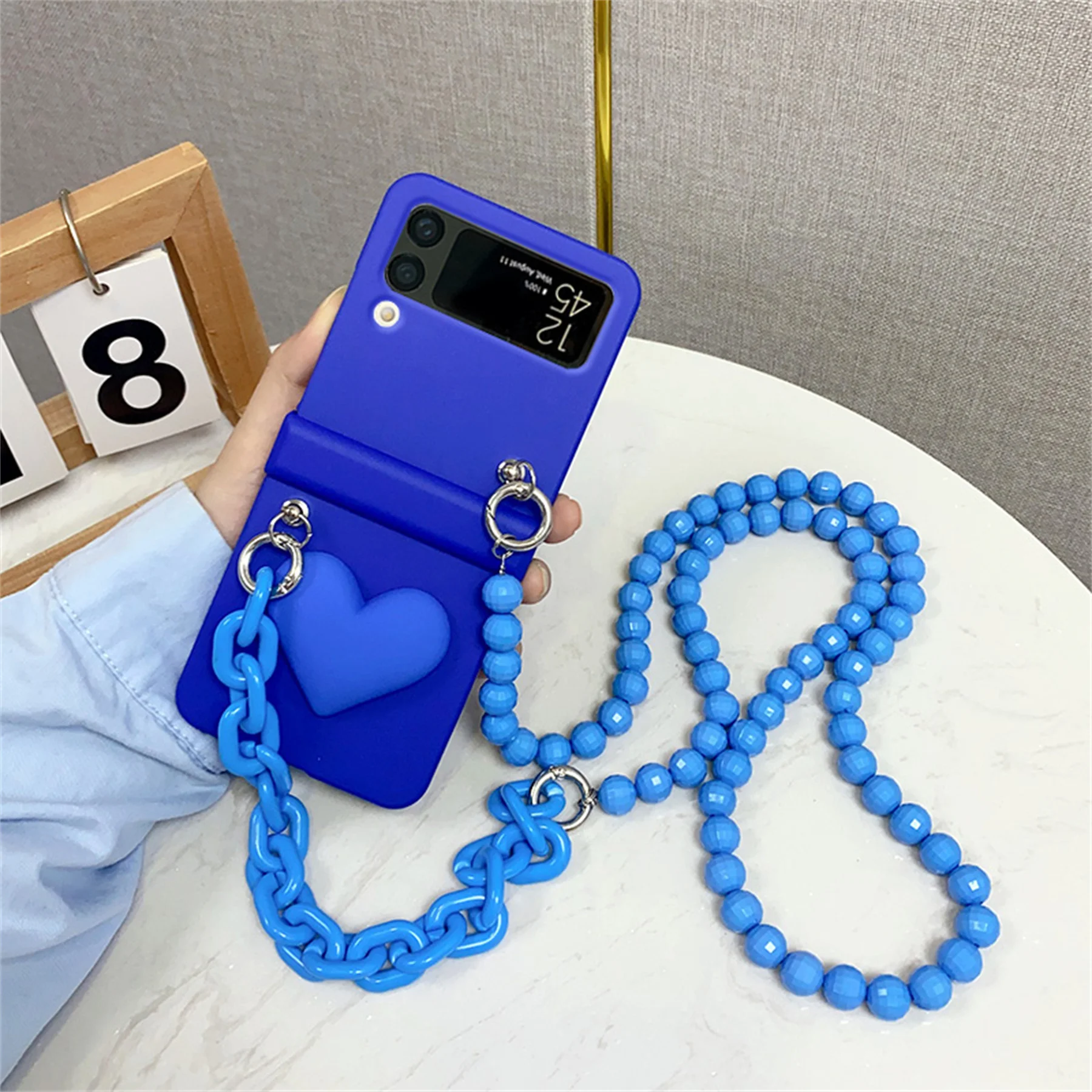 

Korean Stylish Klein Blue Crossbody Lanyard Beads Bracelet Case for Samsung Galaxy Z Flip 4 Z Flip3 3D Love Heart Cover Coque