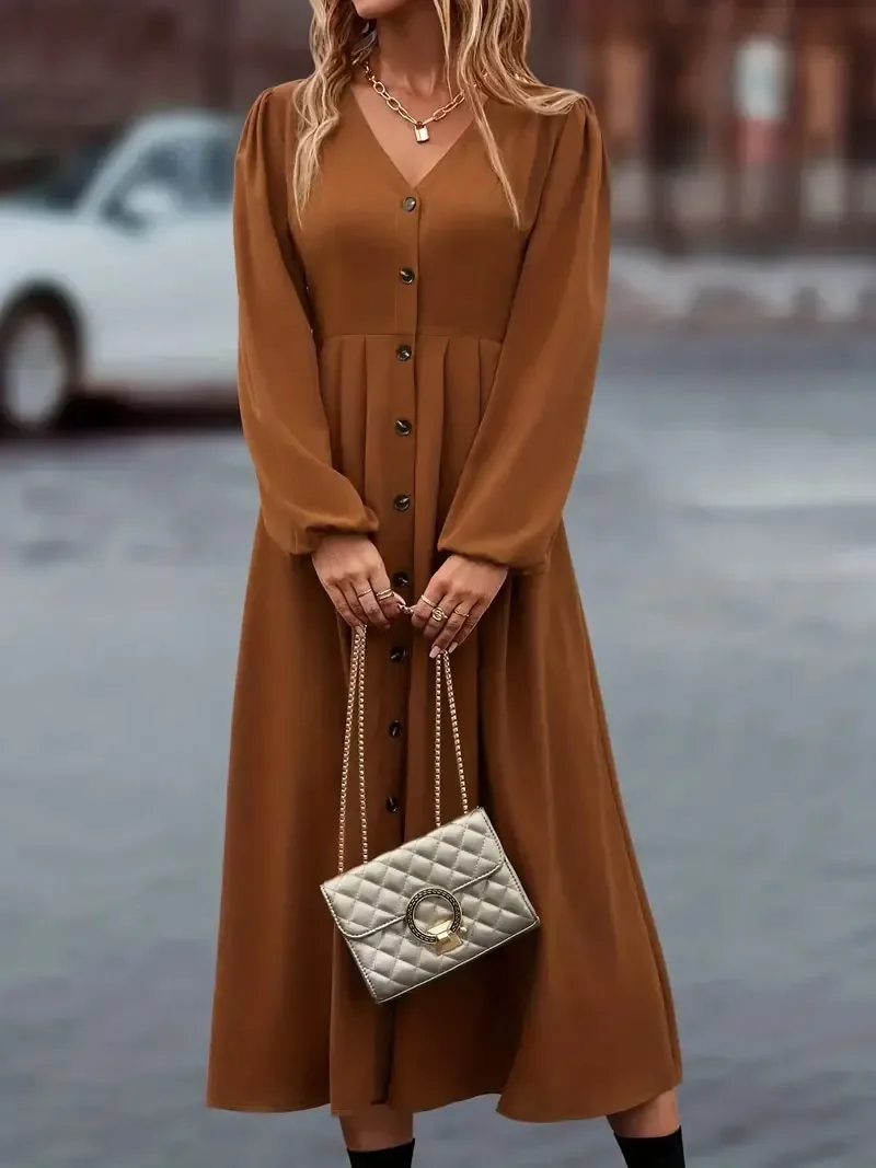 Женское платье-макси с V-образным вырезом и рукавами-фонариками