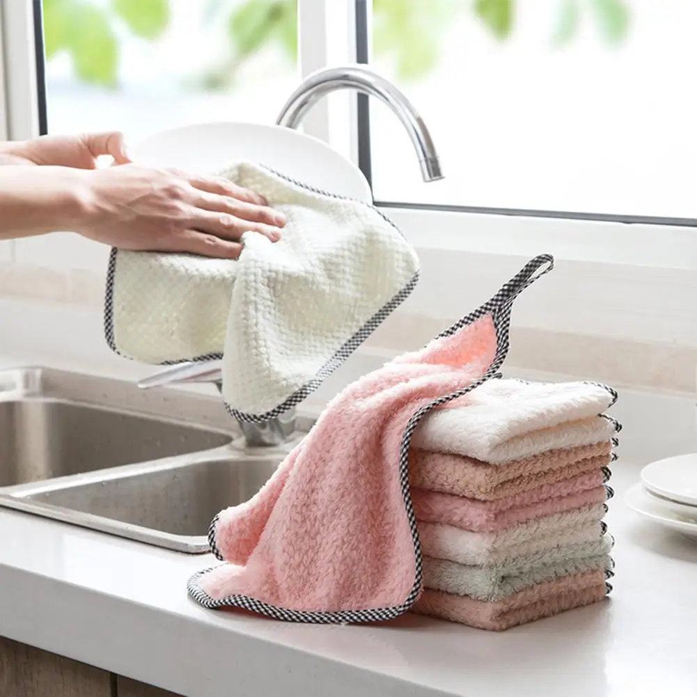 

10pcs Towel Coral Fleece Solid Color Pineapple Pattern Double-sided Absorbent Rag