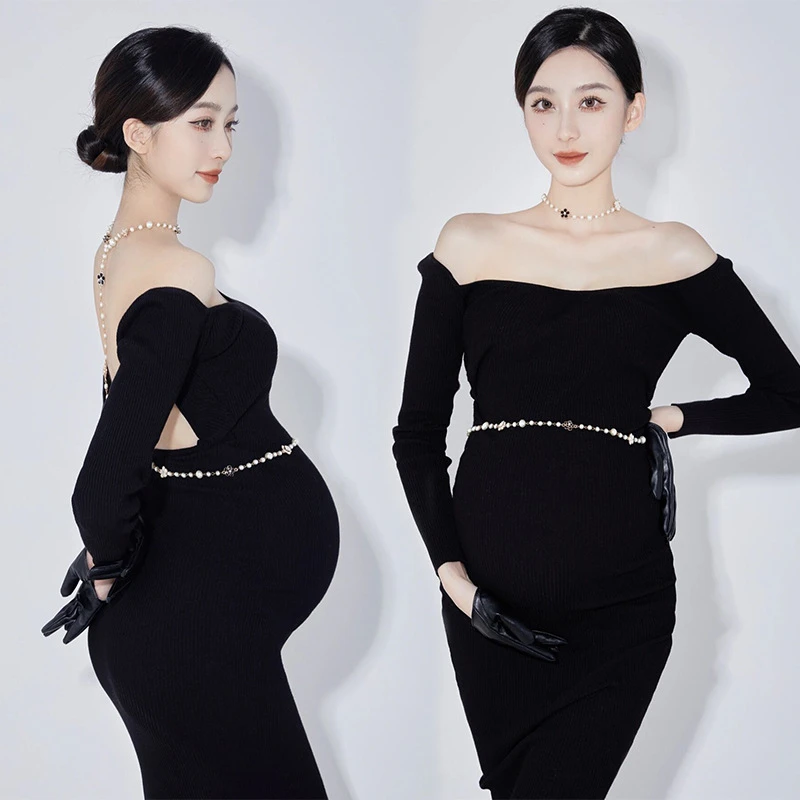 Women Photography Prop Maternity Dresses Black Elegant Off-shoulder Knit Pregnancy Dress with Neckless Studio Photoshoot Clothes