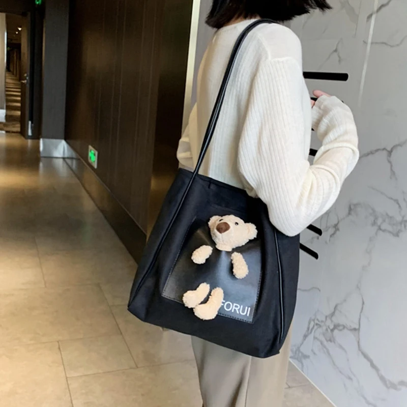 

Cute Bear Canvas Handbag Fashion Casual Student Cartoon Tote Bag Large Capacity Shoulder Shopping Bag