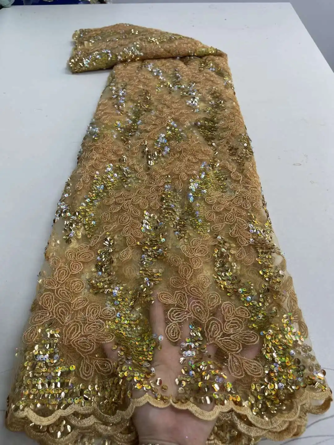 

French Tulle Lace Fabric Gold 2022 High Quality Nigerian 3D Sequins Embroidery African Net Lace Fabric For Wedding