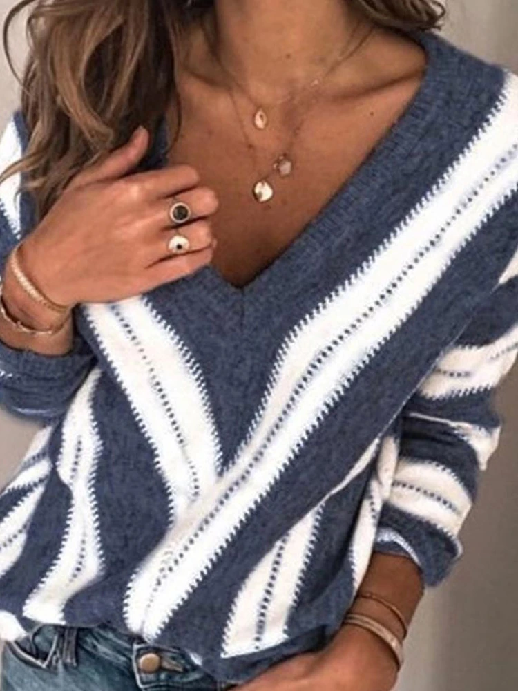 

2023 Casual V Neck Striped Knitted Sweater Oversized Vintage Pullover Female Knitwear Tops Autumn Winter Lady Jumpers Y2k Top