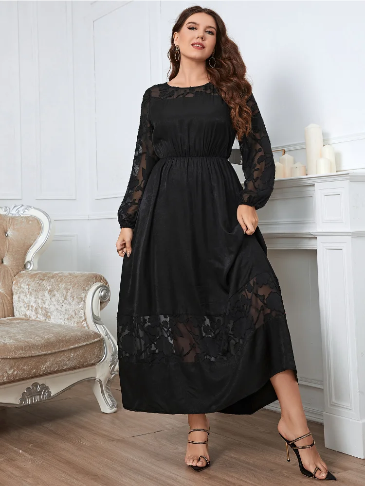 Slightly fat over-the-knee lace dress looks thin long-sleeved temperament plus size dress  party dresses