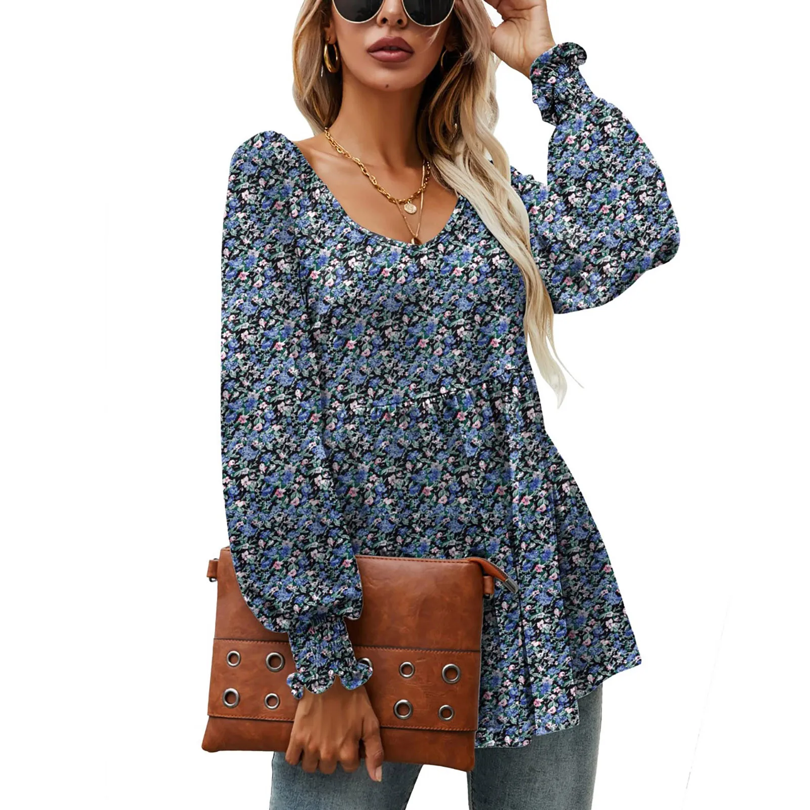 

Women's Long Sleeve Floral Blouse Top Spring Autumn Casual Pleated Top Female Woman Elegant Blusas
