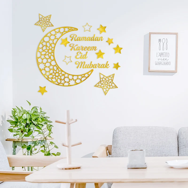 

Eid Mubarak Gold Silver Star Moon Acrylic Wall Sticker Ramadan Kareem Decoration Muslim Islam Event Party Living Room Home Decor