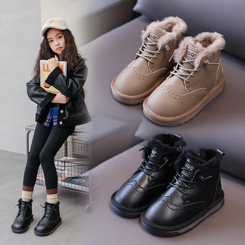 

New Children Shoes Winter British Style PU Leather Boys Snow Boots Girls Baby Warm Thick Plush Ankle Boots Toddler 02C