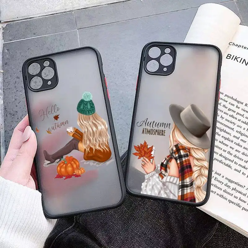 

Happy autumn girl pumpkin fall maple leaf Phone Case matte transparent For iphone 11 12 13 7 8 plus mini x xs xr pro max cover