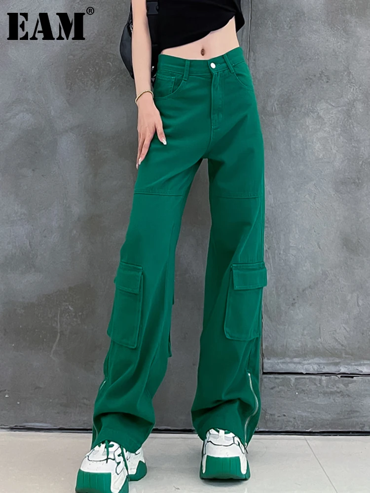 

[EAM] High Waist Green Pocket Long Denim Wide Leg Trousers New Loose Fit Pants Women Fashion Tide Spring Autumn 2022 1DE9986