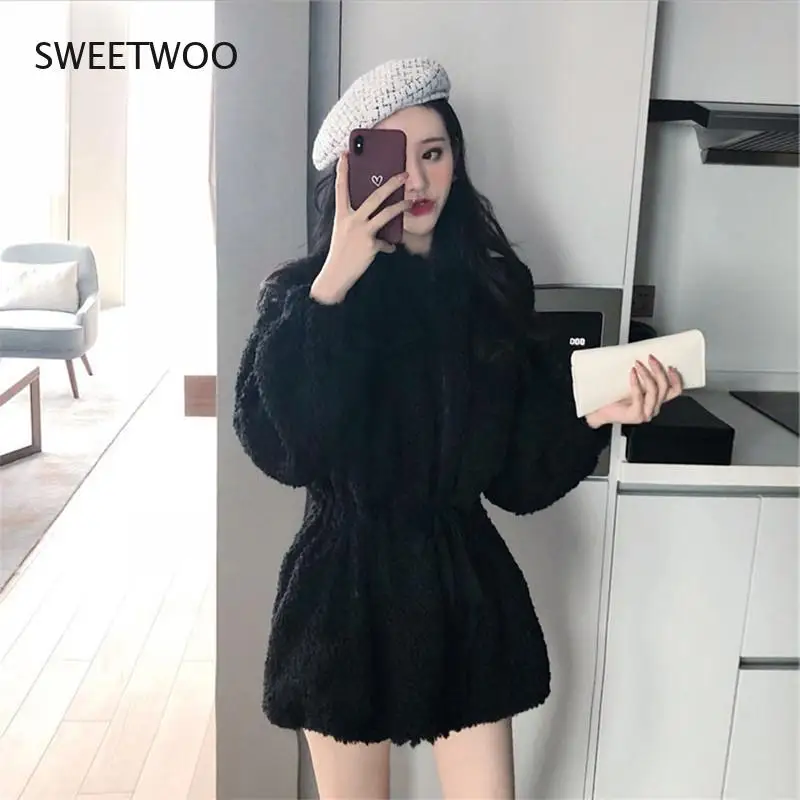 Winter Soft Warm Thick Faux Fur Coat Women Drop Shoulder Long Sleeve Zipper Drawstring Fluffy Jacket Korean Fashion Slim 2022