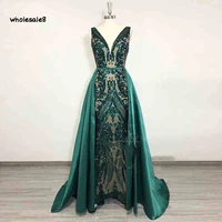 sparkly sequin emerald green evening dress with detachable train arabic dubai mermaid prom dress 2 in 1 plus size v neck party