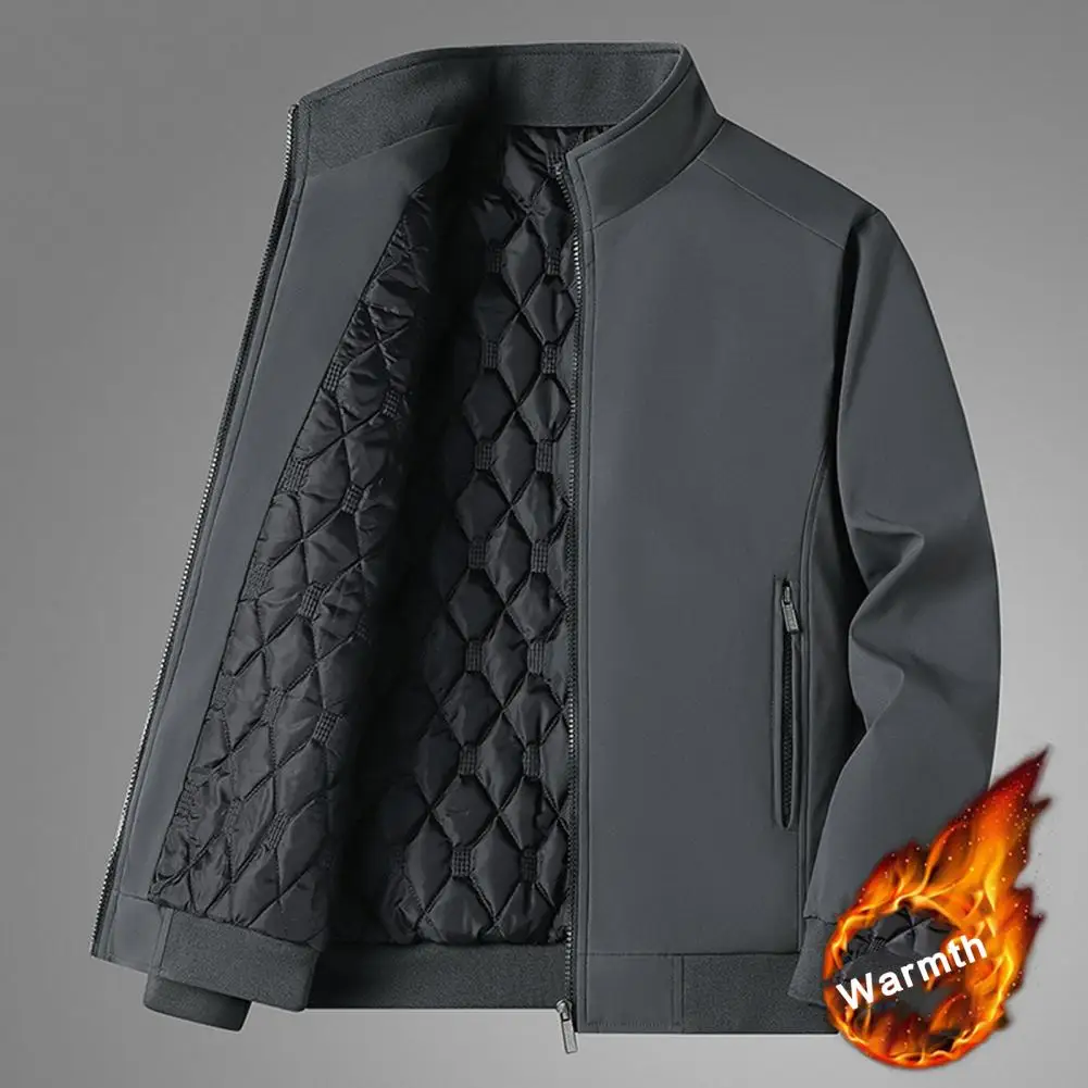 

Men Jacket Cotton Padded Solid Color Stand Collar Loose Coat Autumn Winter Coldproof Ribbed Cuff Outwear Streetwear