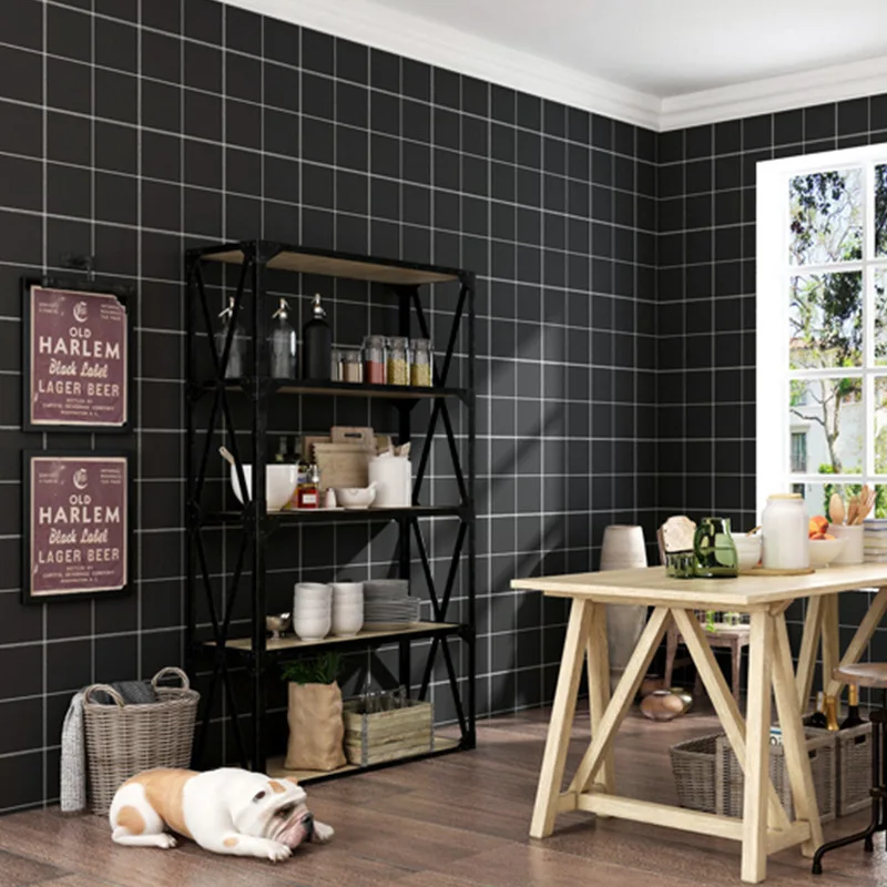 

Nordic Style Ins Wallpaper Non-Woven Black and White Gray Plaid Clothing Store Wallpaper Net Red Line Plaid Wallpaper