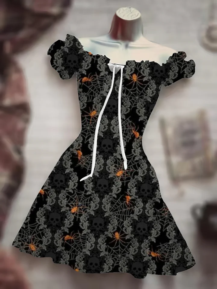 

2022 Hot Sale Lace Horror Night Halloween Costume Long Dress Hawaiian Boho Short Sleeve Dress Pumpkin Skull Costume 3D