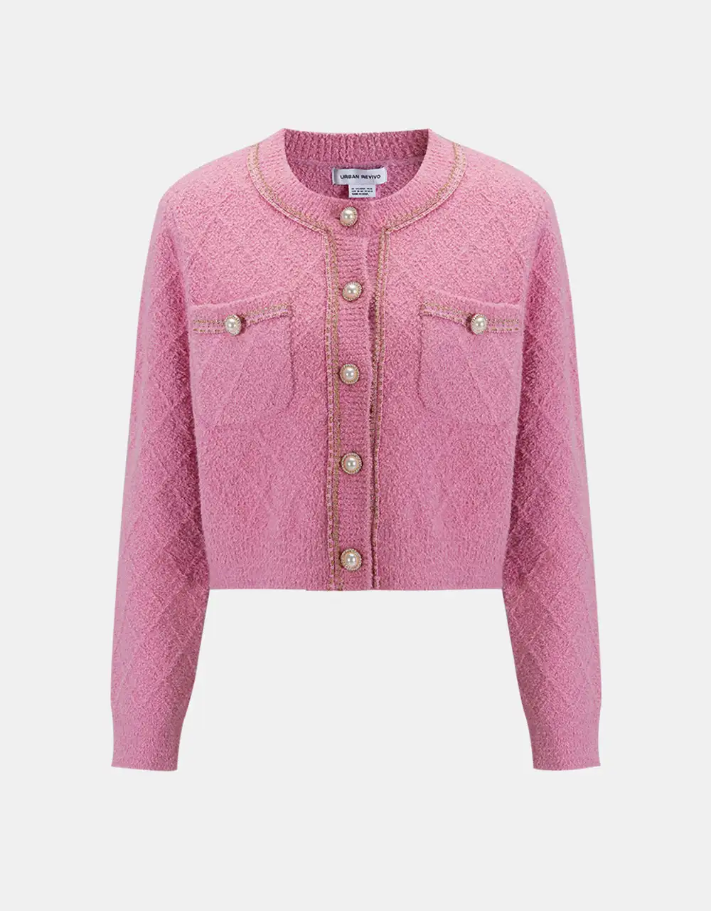 

Fluffy Contrast Trim Faux Pearl Button Cardigan (Size Pre-Order)
