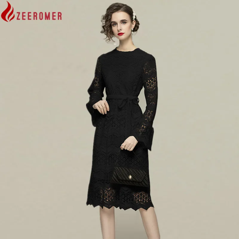 

ZEEROMER Women Spring Elegant Lace Dress Festa High Quality Wedding Party Robe Femme Vintage Flare Sleeve Designer Vestidos