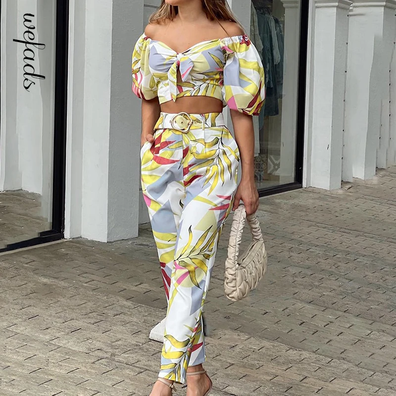 

Wefads Women Summer Off Shoulder Two Piece Sets Print Suits Beach Streetwear Sexy Tops Elegant Long Pants With Belt