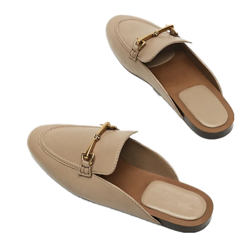 Elmsk Shoes Women French Style Fashion Elegant Office Lady Geninue Leather Gold Buckle Retro Mule Shoes Casual Flat