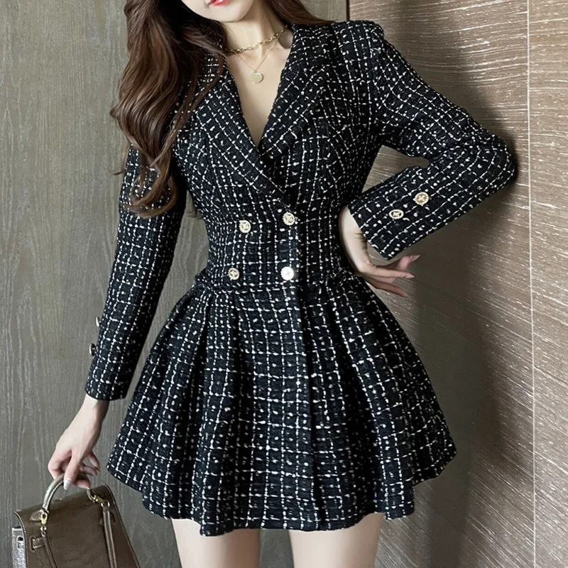 

2021 Autumn Winter Women Vintage Tweed Temperament Dresses Double Breasted High Waist Slim Pleated Plaid Black Mini Vestidos