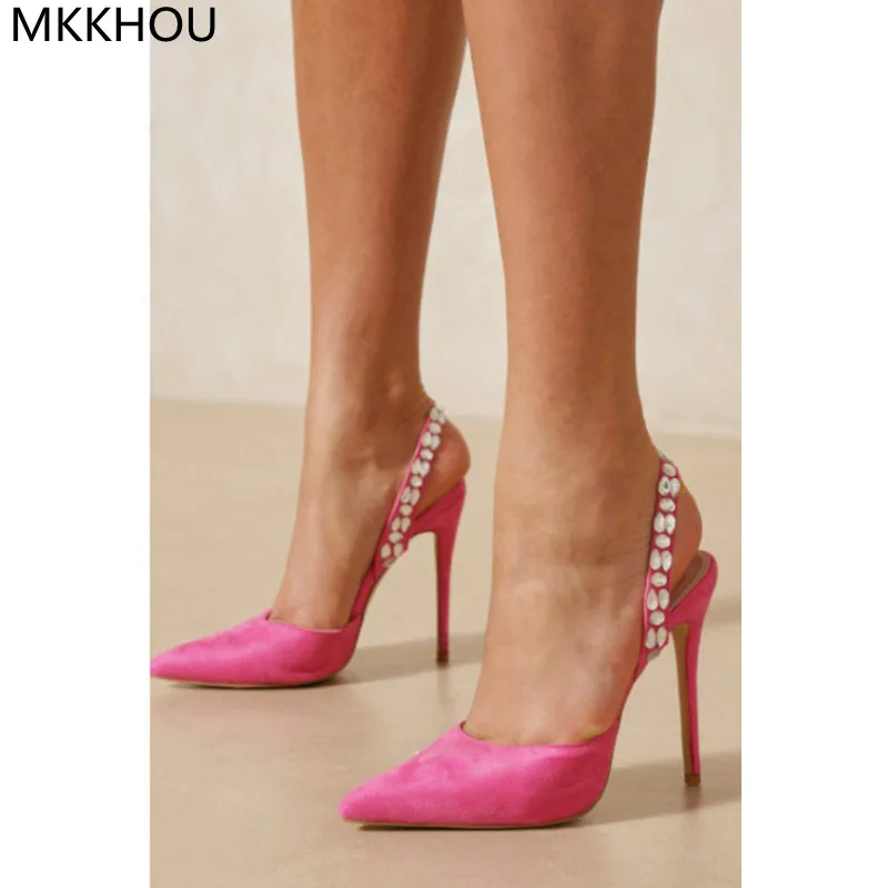 

MKKHOU Fashion Pumps New Suede Pointed Toe Shallow Mouth Crystal Open Heel 11cm High Heel Sandals Banquet Dress Women Shoes