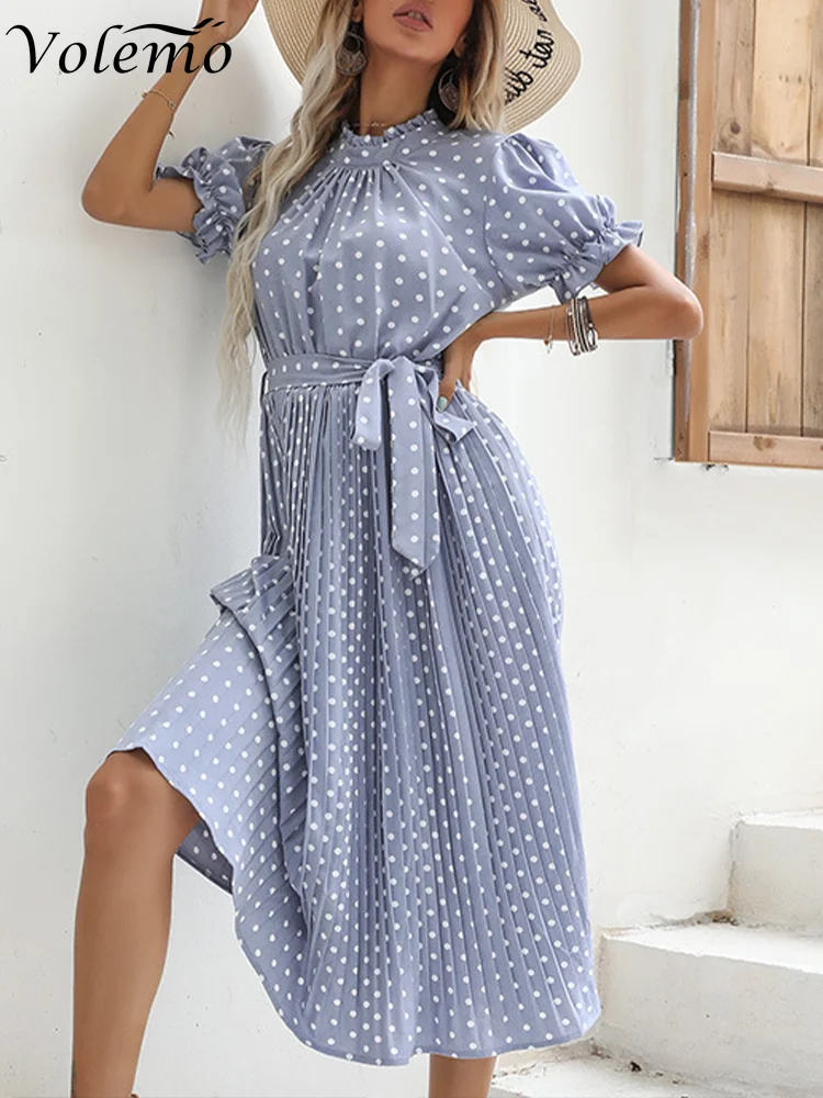 

Volemo 2023 Spring Summer Women's Mediumn Long Short Sleeve Polka Dot Crew Neck Tie Pleated Printed Dress Vintage Maxi Dress