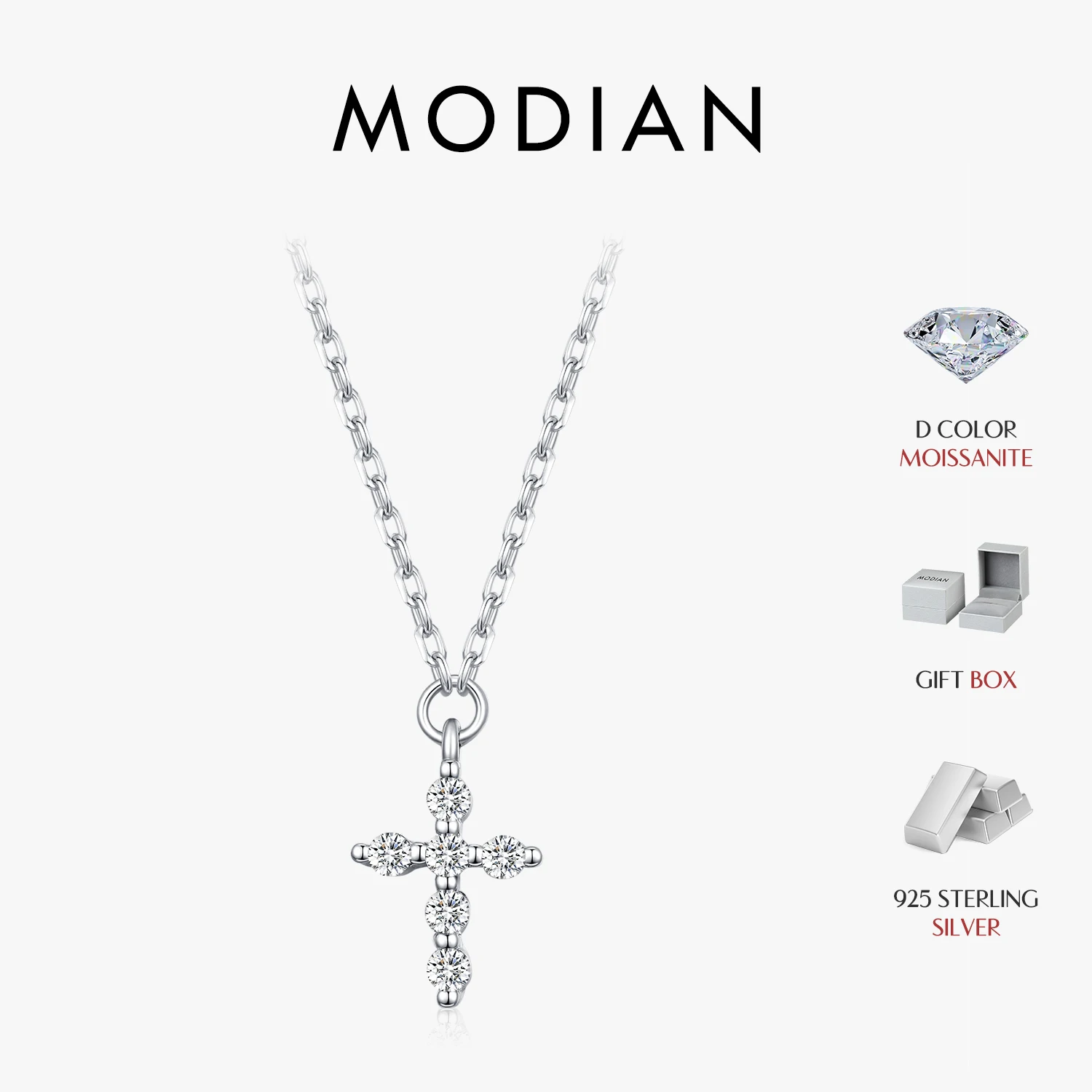 Фото Ожерелье с подвеской MODIAN D Color Moissanite из стерлингового серебра 925 пробы, маленькая цепочка с крестиком, минималистичные изысканные ювелирные изделия, подарочная коробка для женщин №1