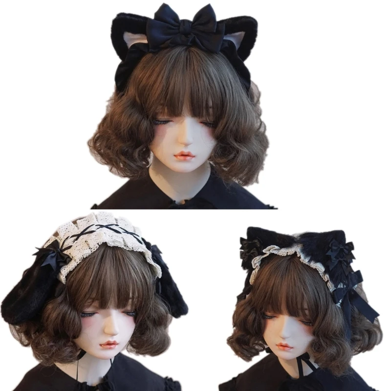 

Carnivals Pleated Lace Hair Hoop Adult Bunny/Cat Ear Shape Headband Black Color
