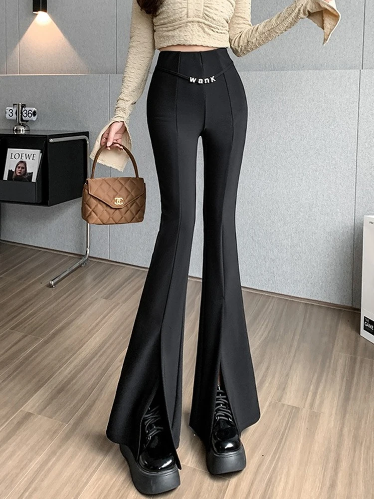 

Split Zipper Buttons Women Trousers Korean Fashion Casual Office Lady Black Flare Pants Female High Waist Long Pants S-XL