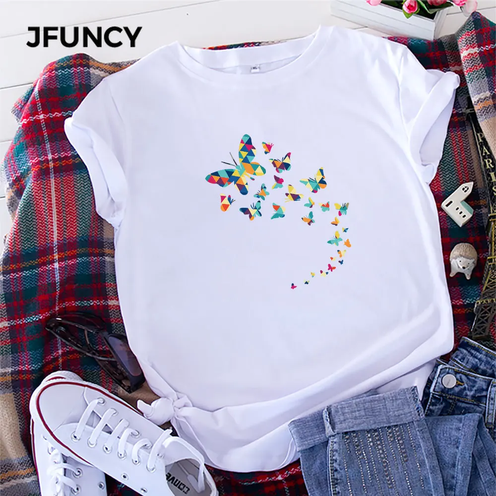 JFUNCY  Women Tee Shirt 100% Cotton Short Sleeve Casual Female Tshirt Butterfly Print T-shirt Woman Summer Loose Tops