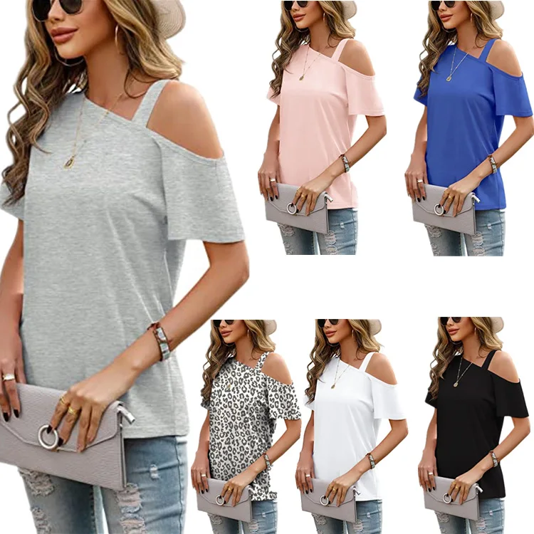 

2022 Summer New Fashion Simple Temperament Casual Irregular Off-shoulder Cotton Short-sleeved T-shirt Women