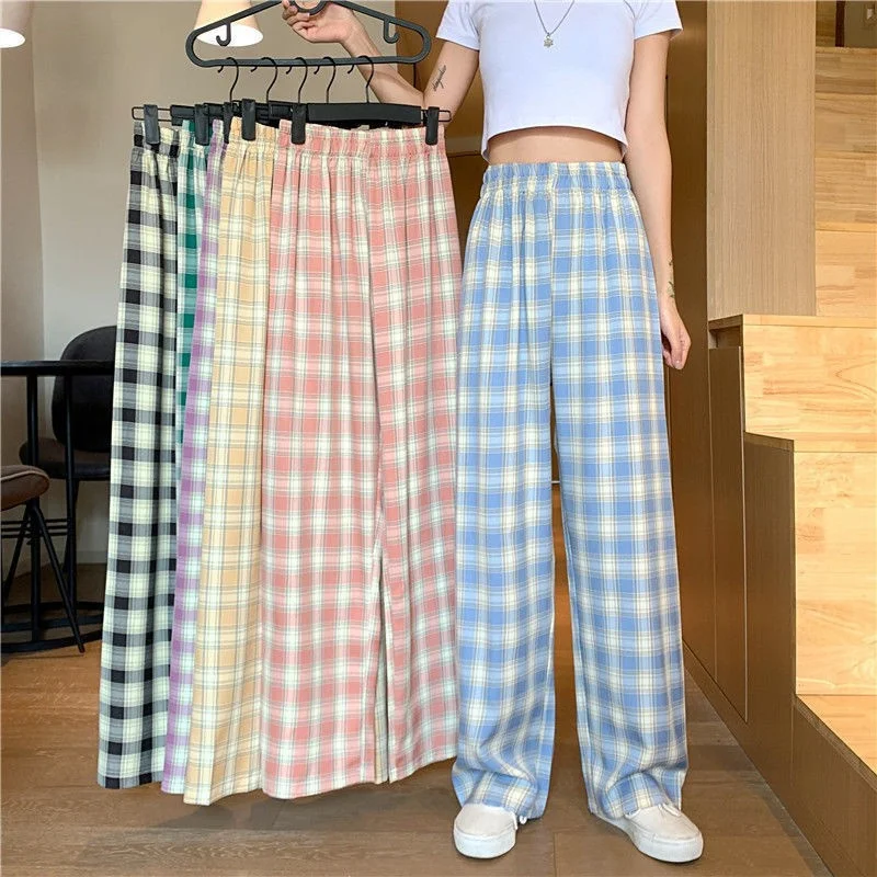 

New loose straight wide leg pants fashion women's high waist casual all-match long plaid pants sweat pants women