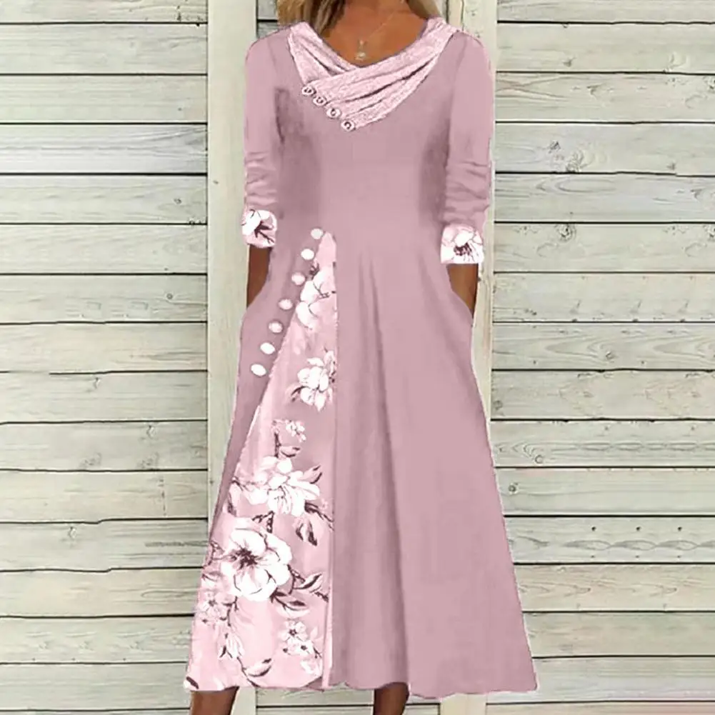 

Women Vintage Maxi Dress Summer Stitching Floral Print 3/4 Sleeve Side Buttons Mid Waist Casual Long Dress Plus Size