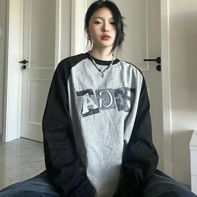 

Zoki American Style Y2K Women Long Sleeve T Shirts Summer Fashion Thin Section Vintage Stitching Bf Harajuku Preppy Graphic Tops