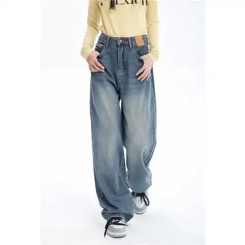 Women Blue Jeans Contrasting Colors High Waist American Street Wide Leg Pants Fashion Baggy Vintage Straight Autumn New Trousers