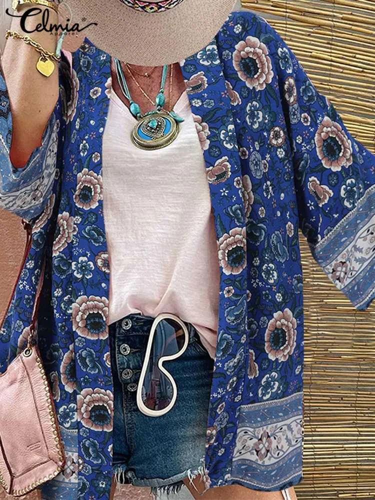 

Повседневная Пляжная накидка, кардиган Celmia, женские богемные рубашки с цветочным принтом, лето 2022, длинное кимоно с рукавом, топы для женщин