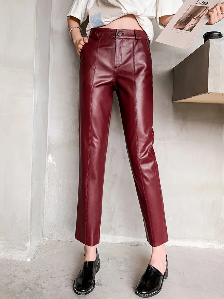 Genuine Leather Pants Spring And Autumn Women's Sheepskin Ankle Length Pencil Pants OL Casual Leather Pants Female Pencil Pants