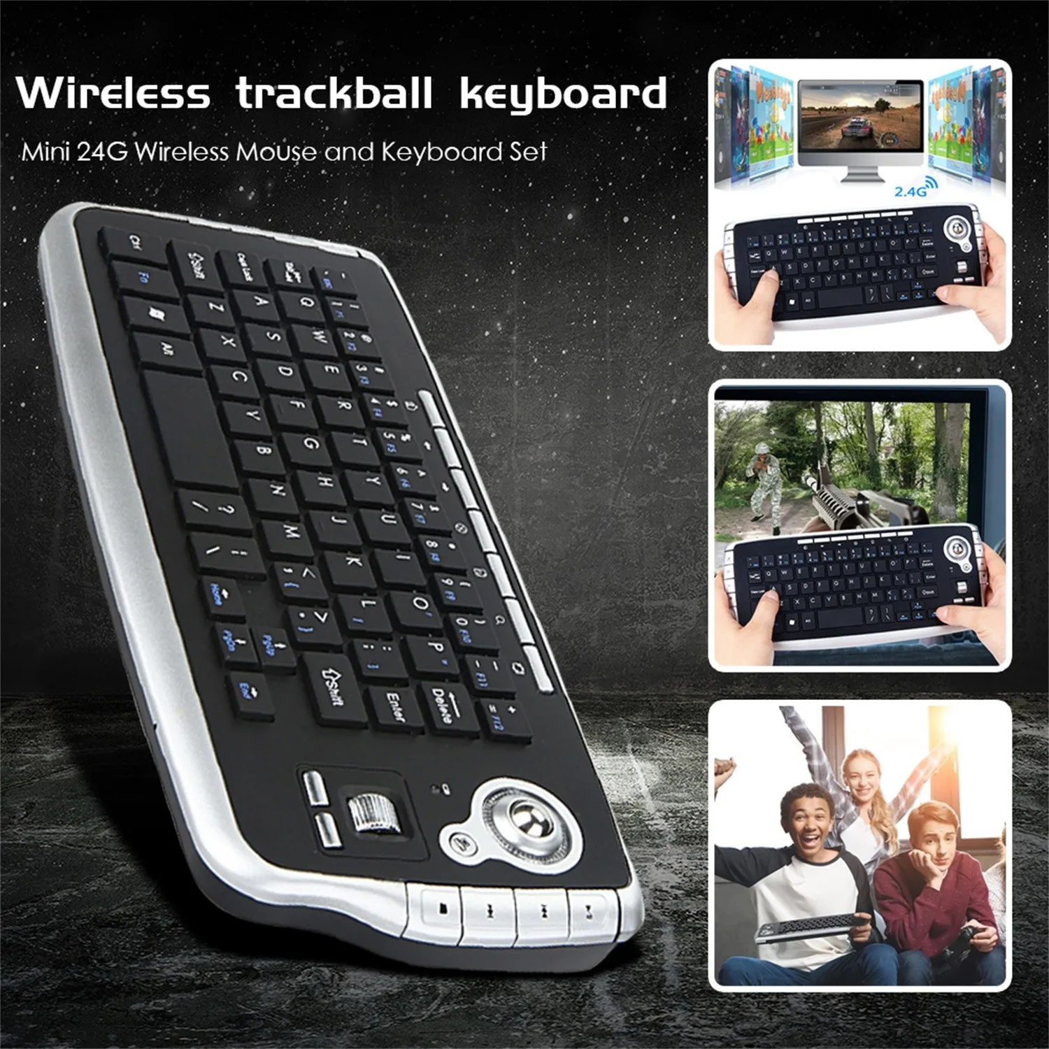 Wireless Keyboard with 2.4G USB Receiver + Trackball 2 In 1 Mouse Funtions Computer Keyboard 94 Keycaps Game Keypad For Laptop