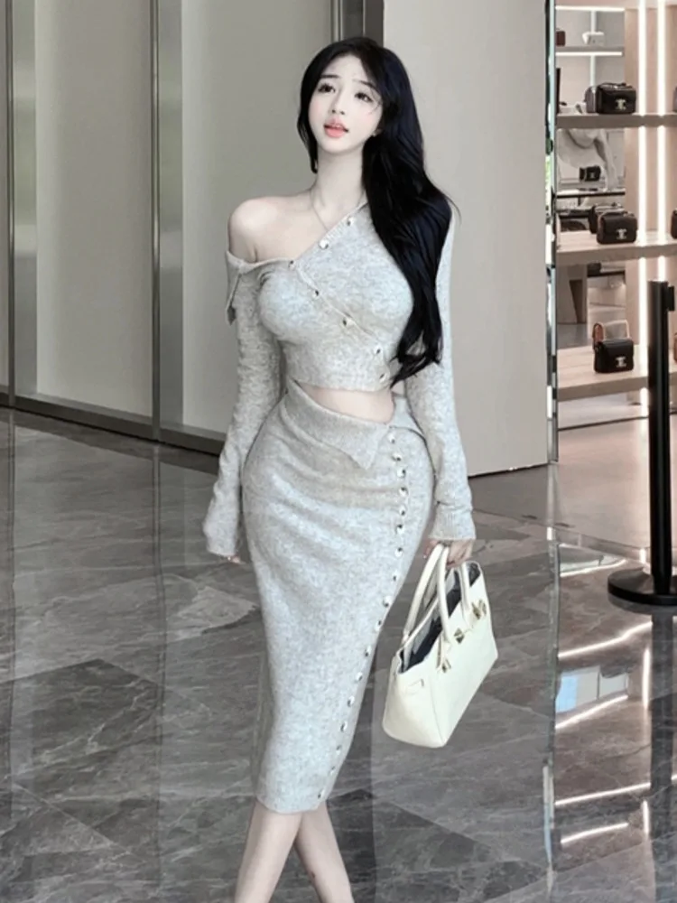 

Женский трикотажный Костюм-двойка, короткий свитер и облегающая юбка в Корейском стиле